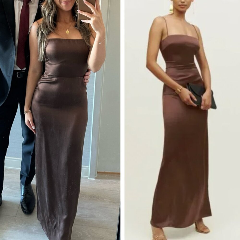 BEST Reformation Frankie Silk Maxi Dress Sz4 Cafe Chocolate Cocktail Party Forma - Picture 2 of 10
